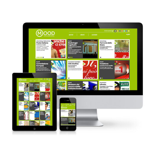 Schermo desktop, tablet e mobile con homepage del sito web per Mood Communication & Events